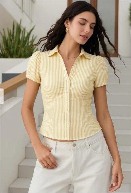Ruched Button-Down Puff Sleeve Top