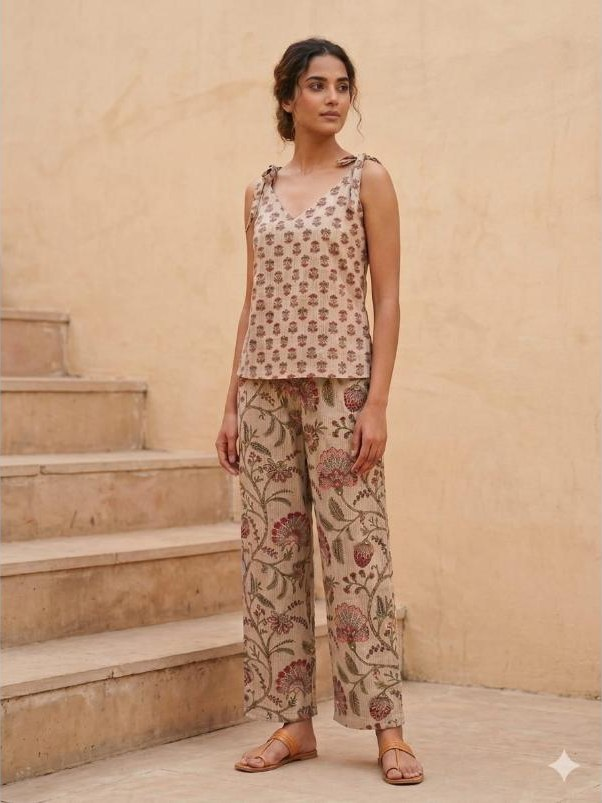 Aisha Hand-Block Floral Cami & Wide-Leg Trouser Set