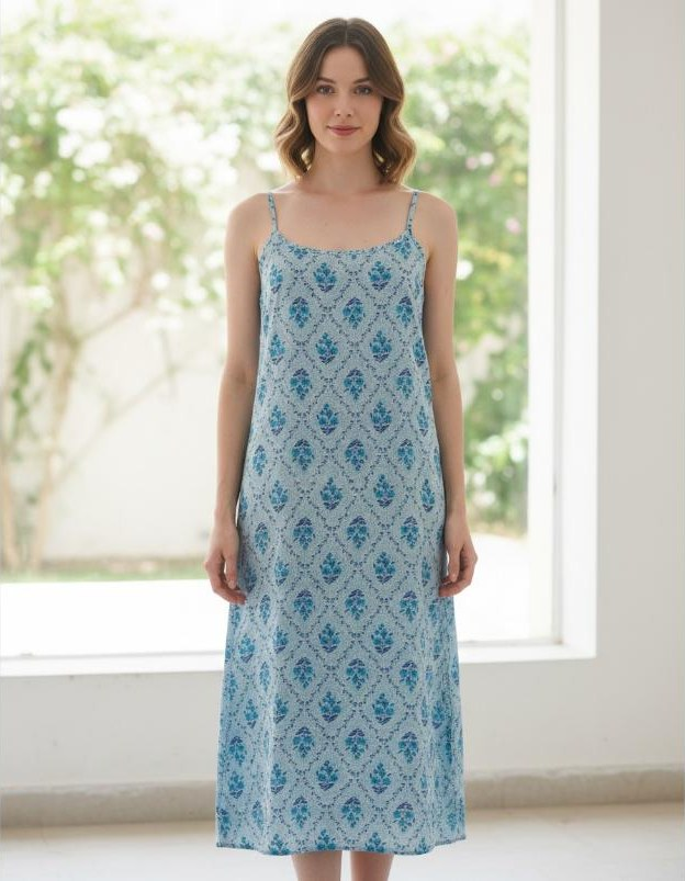 Azure Tile Pure Cotton Floral Midi Slip Dress