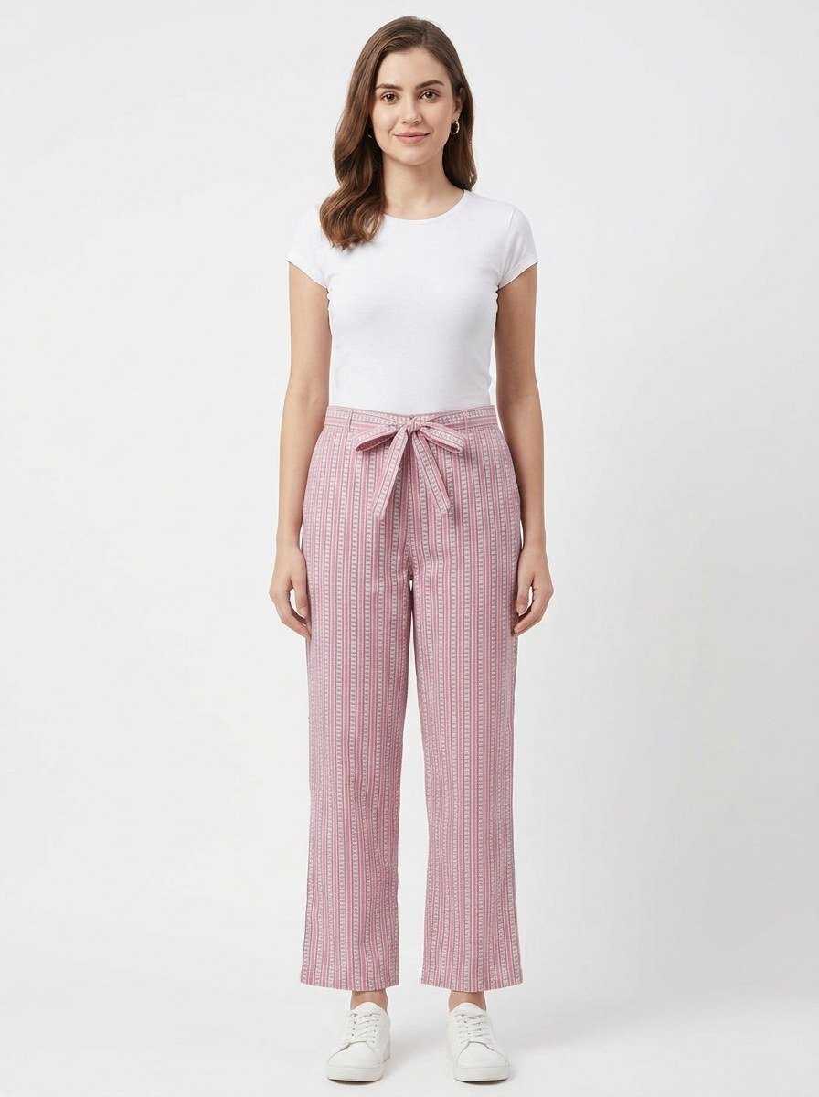 Striped Tie-Waist Wide-Leg Trousers Pink