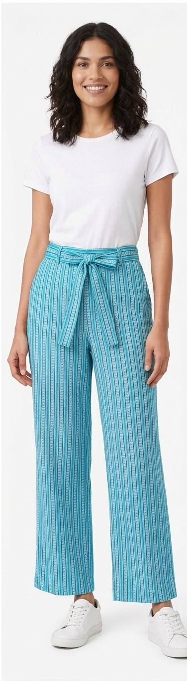Striped Tie-Waist Wide-Leg Trousers Teal